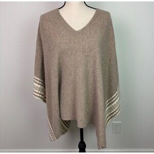 Splendid Women's Wool Cashmere Tan Cream V-Neck Poncho Shawl One Size